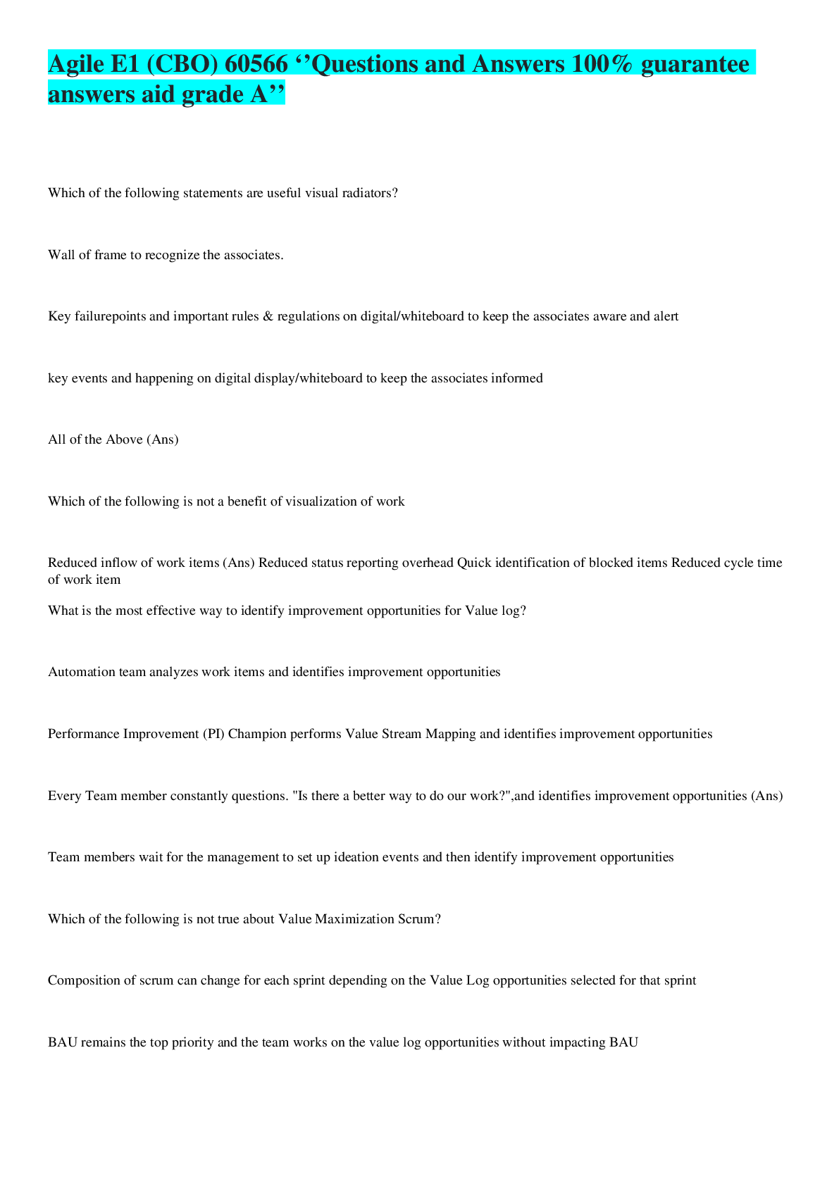 Preview image for Agile E1 (CBO) 60566 ‘’Questions and Answers 100% guarantee answers aid grade A’’
